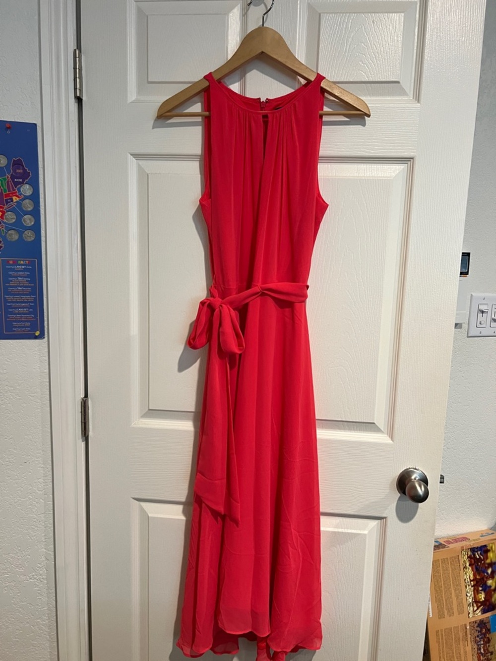 Sleeveless Coral-Red Tie-Waist Maxi Dress